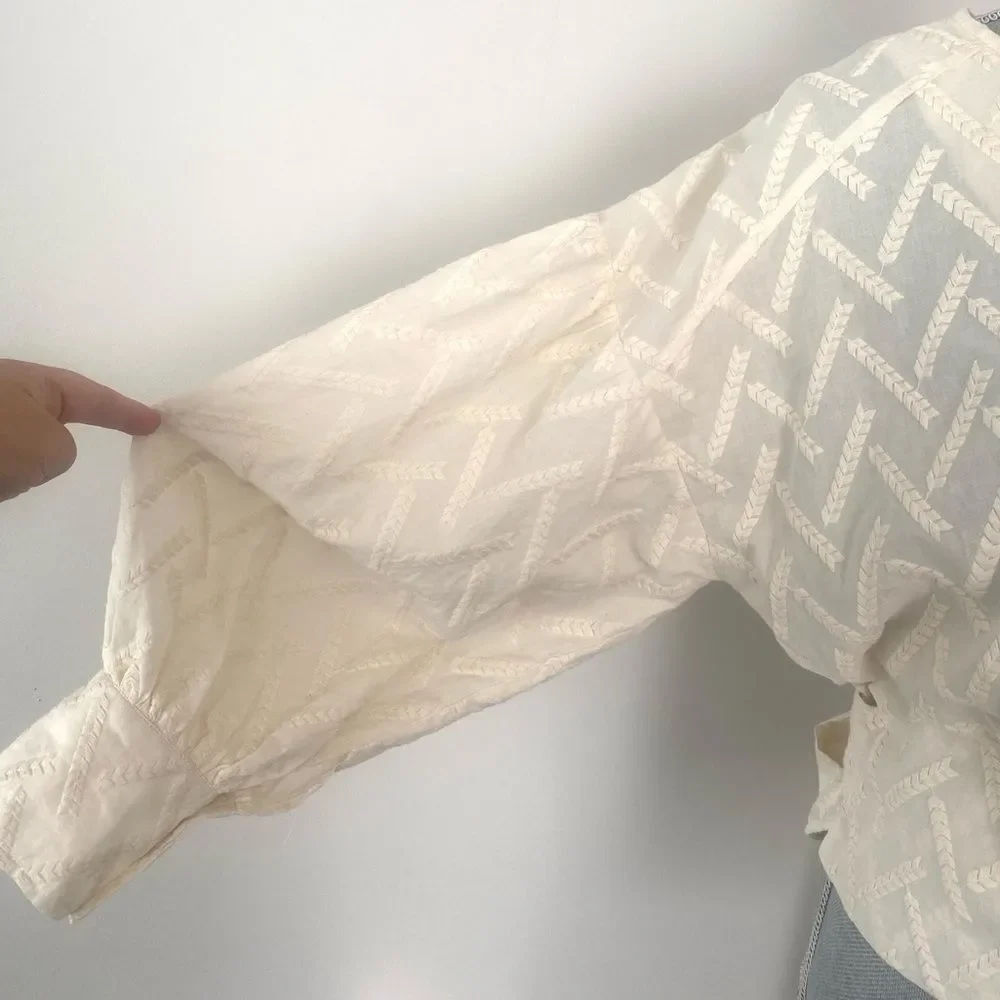 Odile Anthropologie Cream Embroidery Puff Sleeve Blouse Top Tie Waist Sz 3 / XL